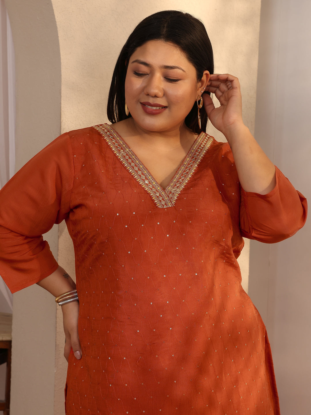 Plus Size Rust Embellished Silk Blend Straight Kurta