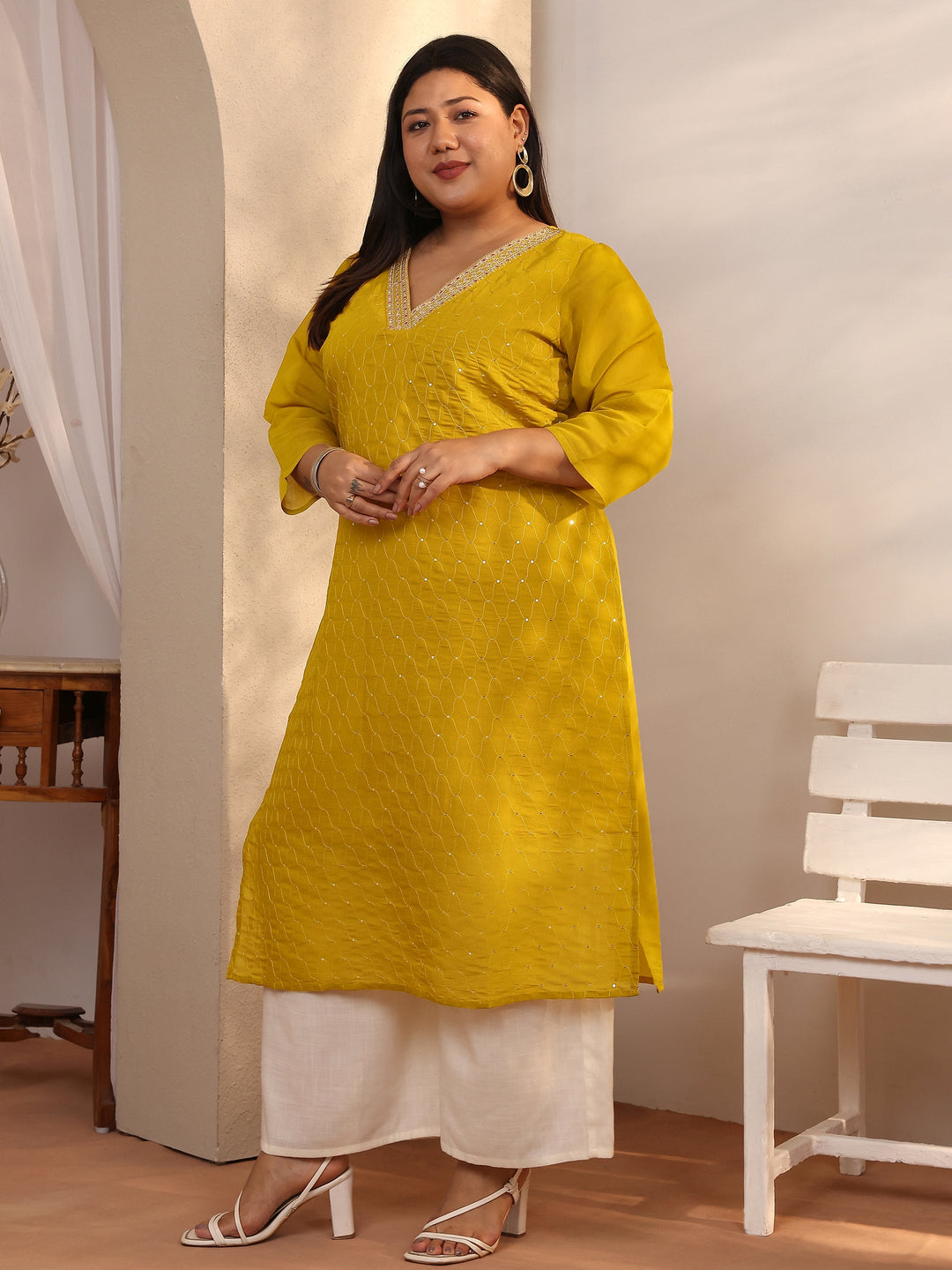Plus Size Mustard Embellished Silk Blend Straight Kurta