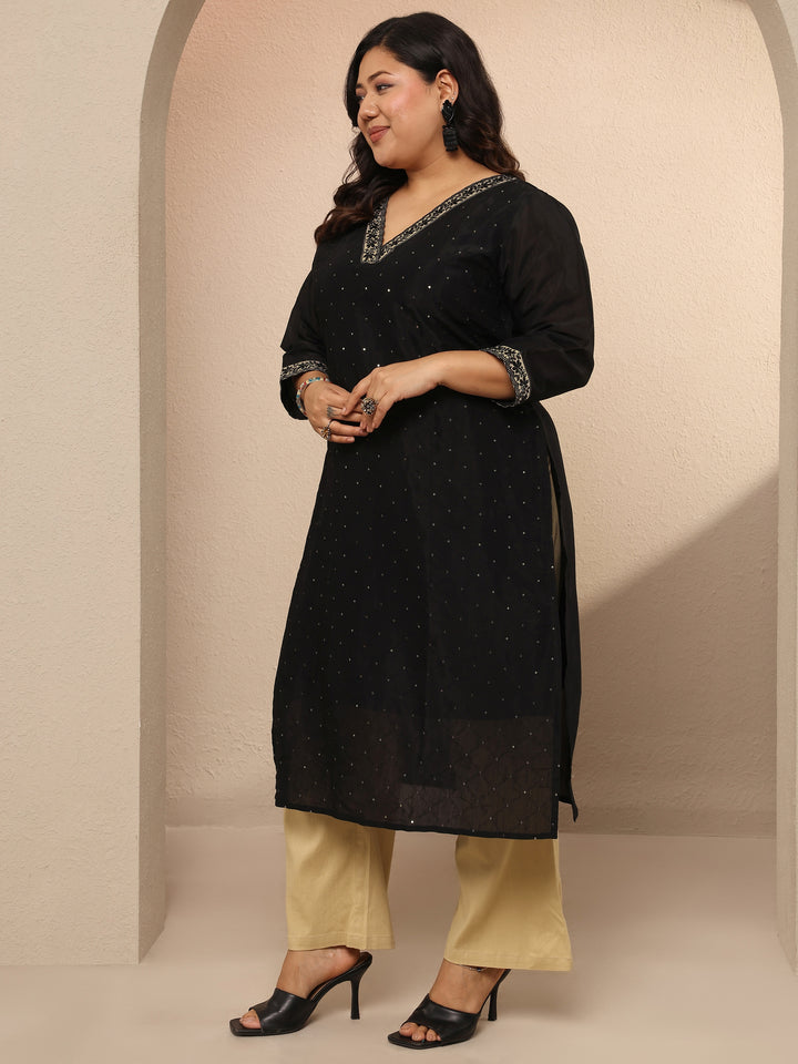 Plus Size Black Embellished Silk Blend Straight Kurta