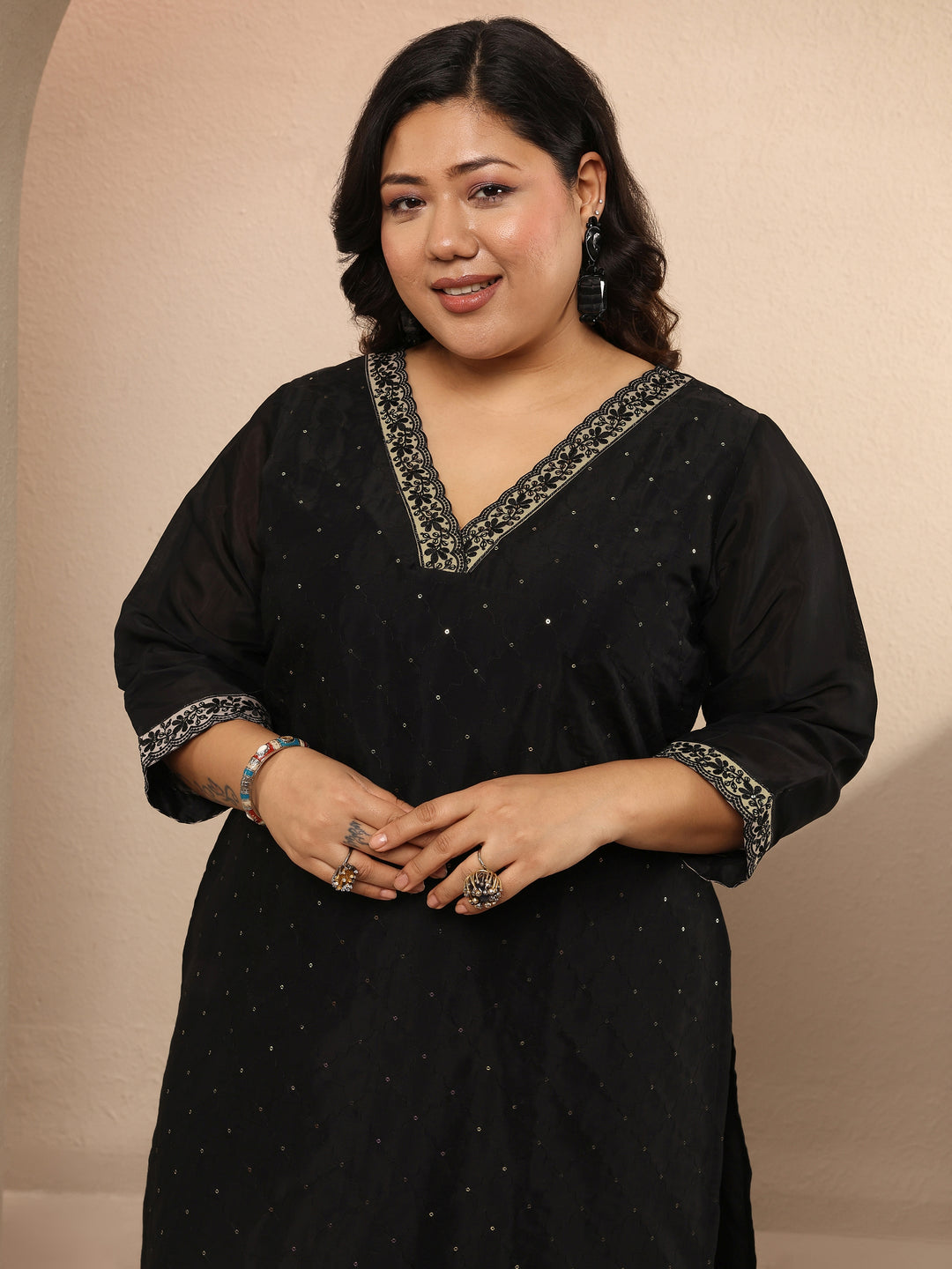 Plus Size Black Embellished Silk Blend Straight Kurta