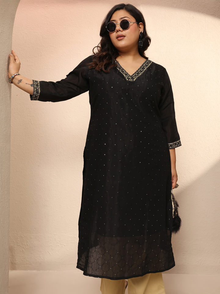 Plus Size Black Embellished Silk Blend Straight Kurta