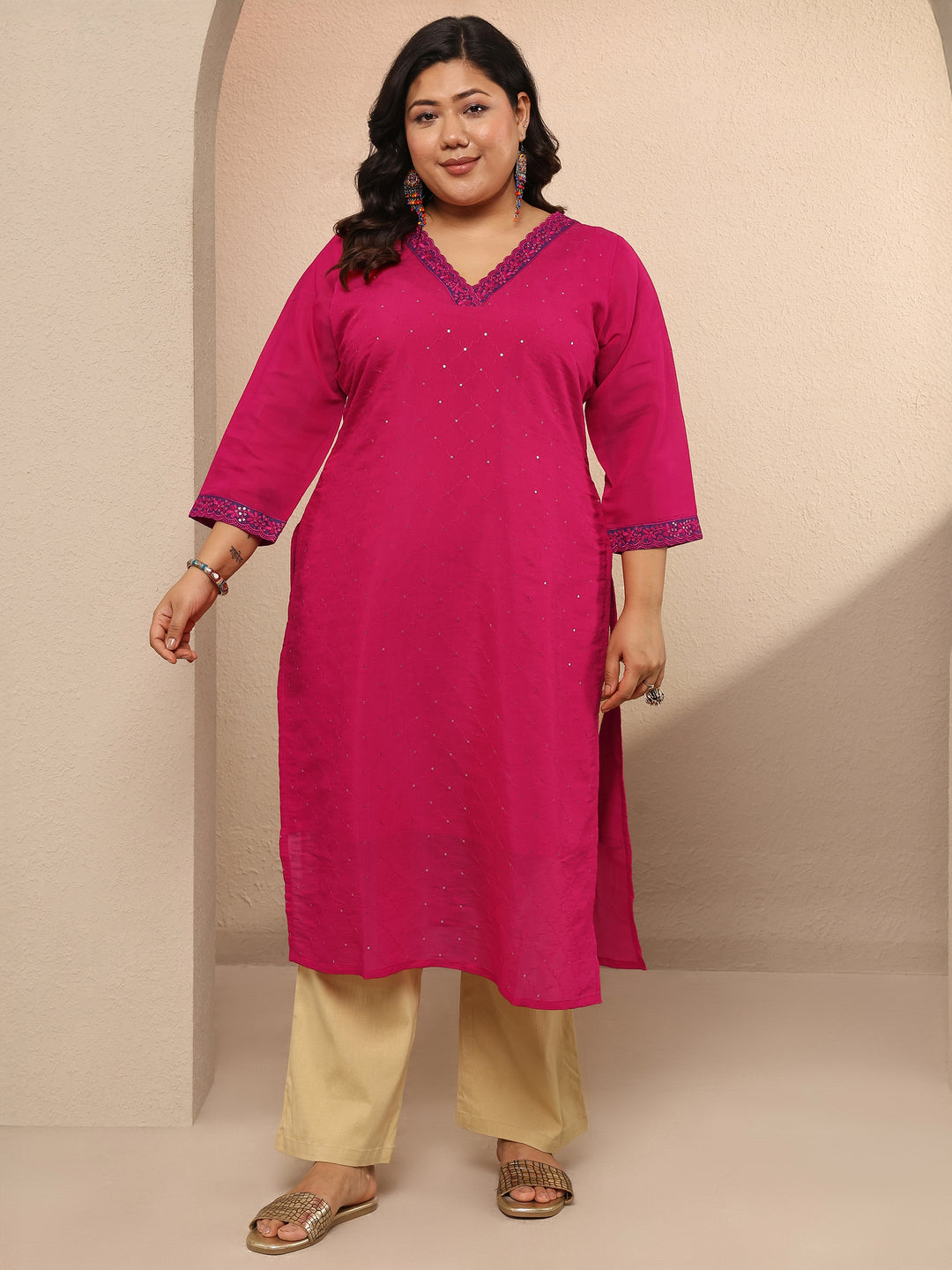 Plus Size Pink Embellished Silk Blend Straight Kurta