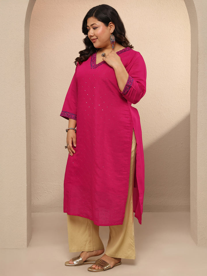 Plus Size Pink Embellished Silk Blend Straight Kurta