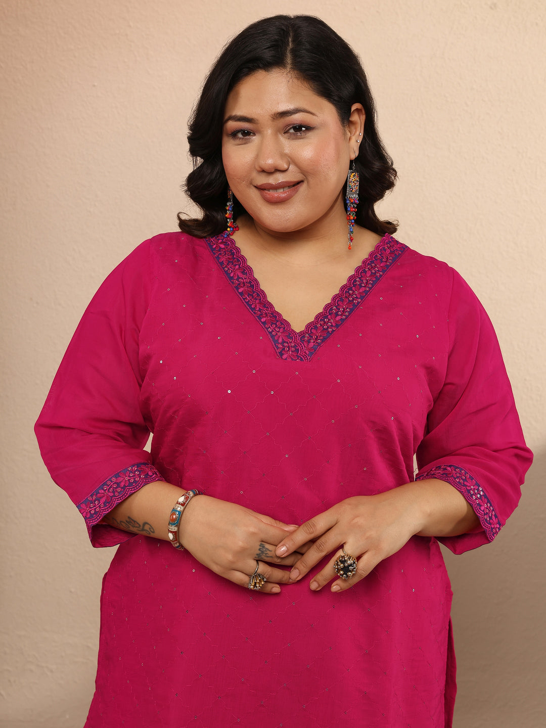 Plus Size Pink Embellished Silk Blend Straight Kurta