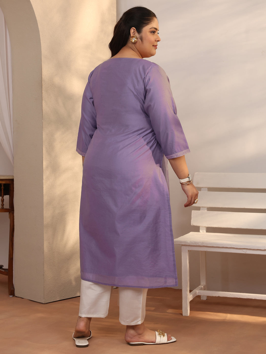 Plus Size Lavender Embroidered Silk Blend Straight Kurta