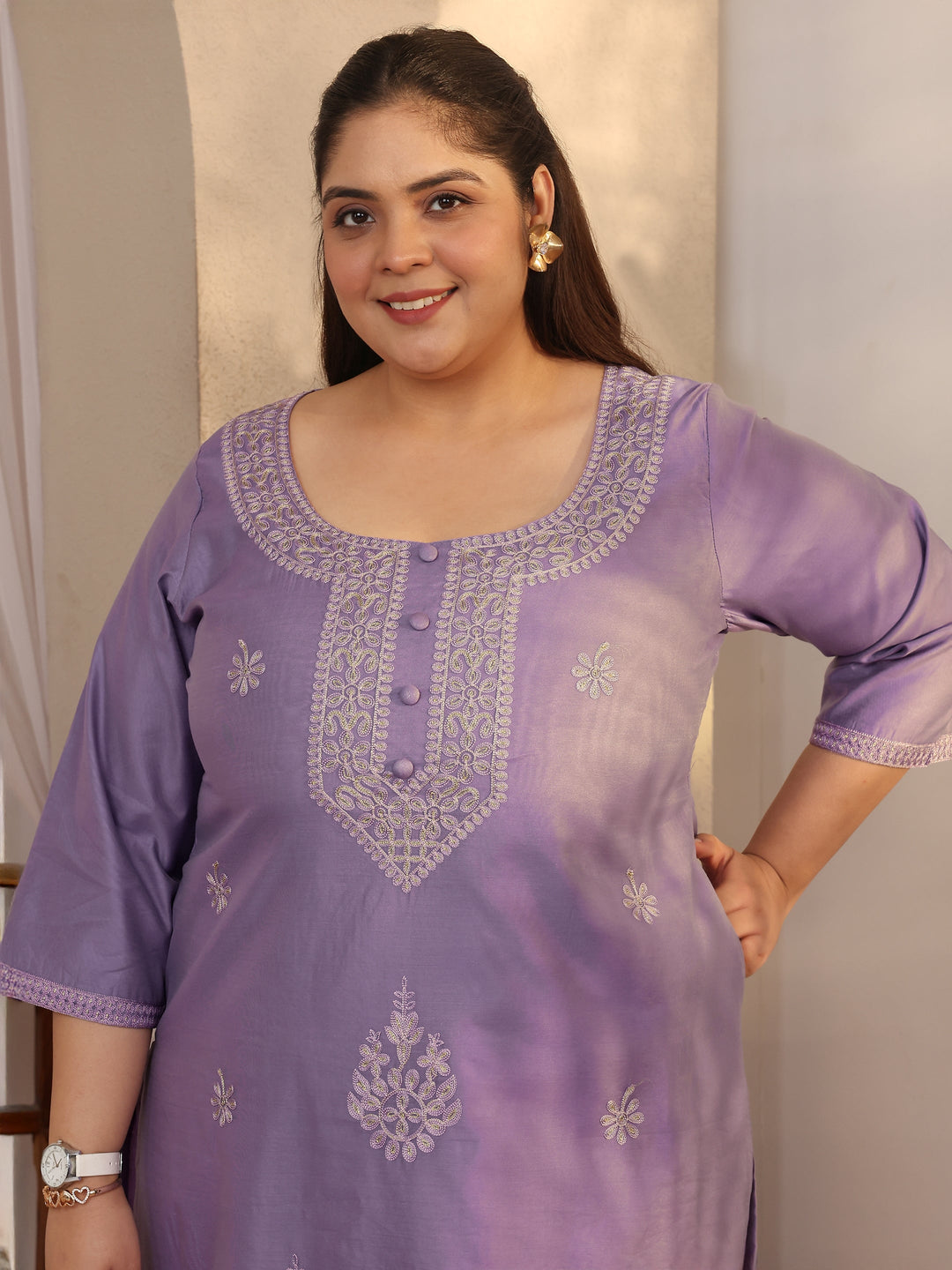 Plus Size Lavender Embroidered Silk Blend Straight Kurta
