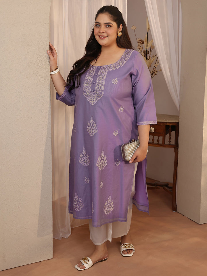 Plus Size Lavender Embroidered Silk Blend Straight Kurta