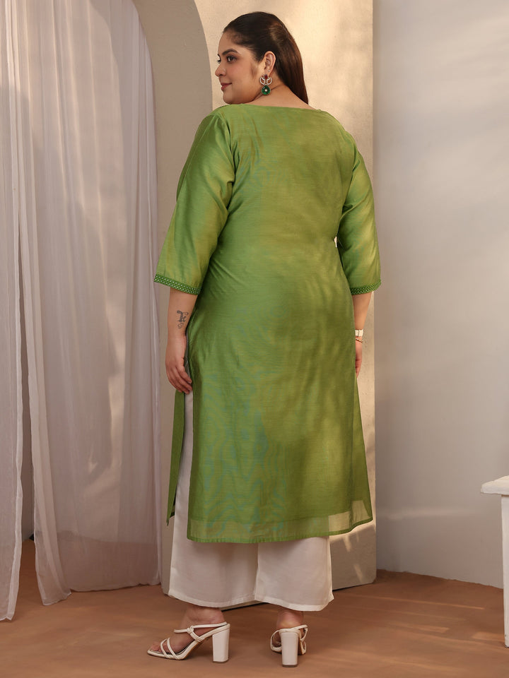 Plus Size Green Embroidered Silk Blend Straight Kurta