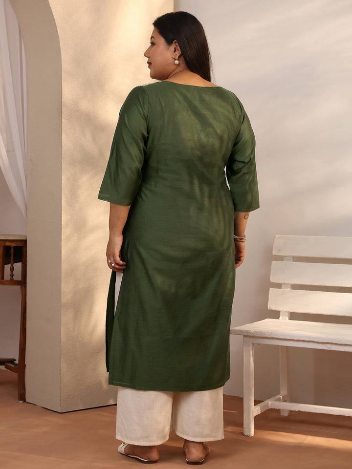 Plus Size Green Embroidered Silk Blend Straight Kurta