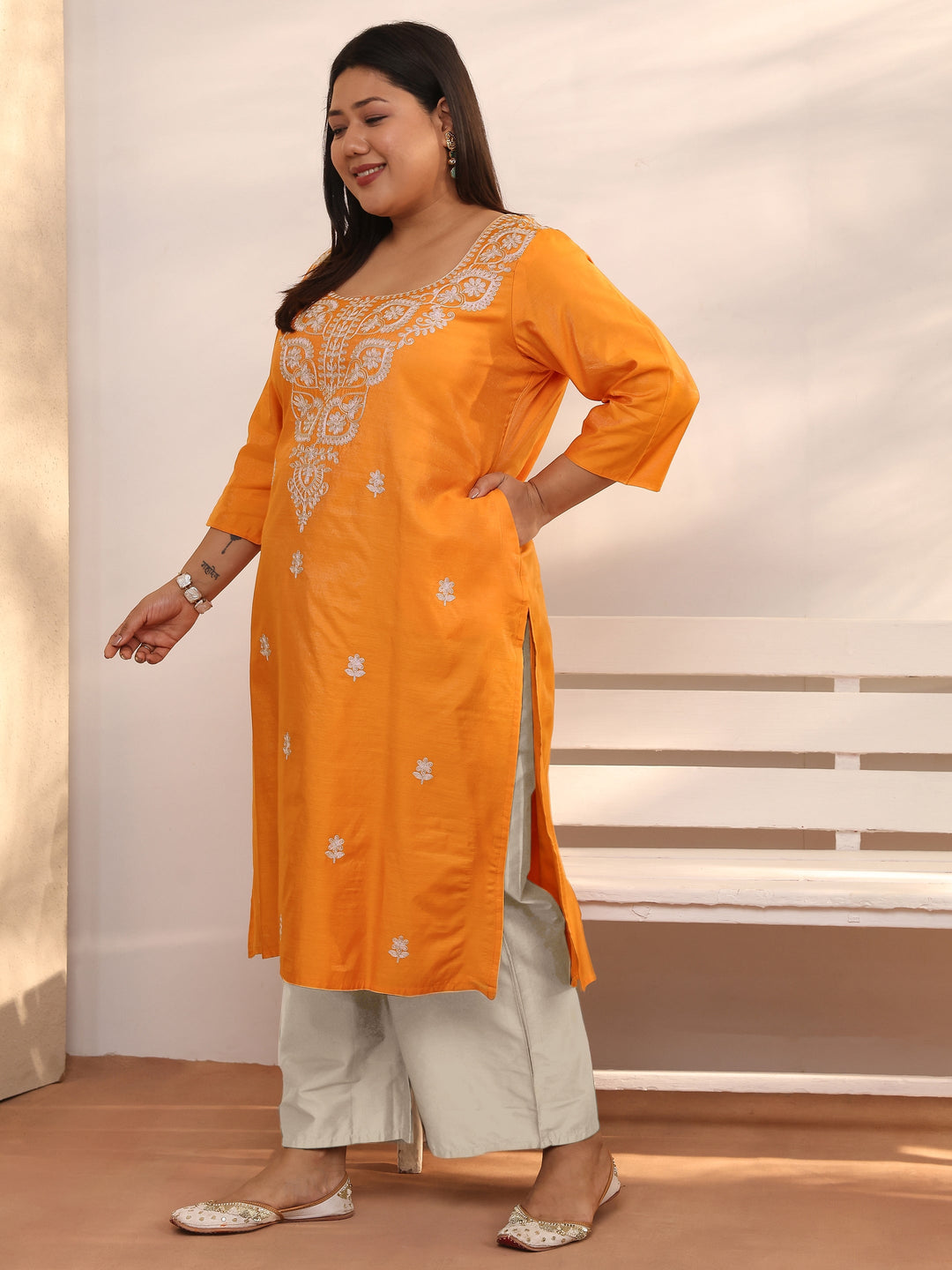 Plus Size Mustard Embroidered Silk Blend Straight Kurta