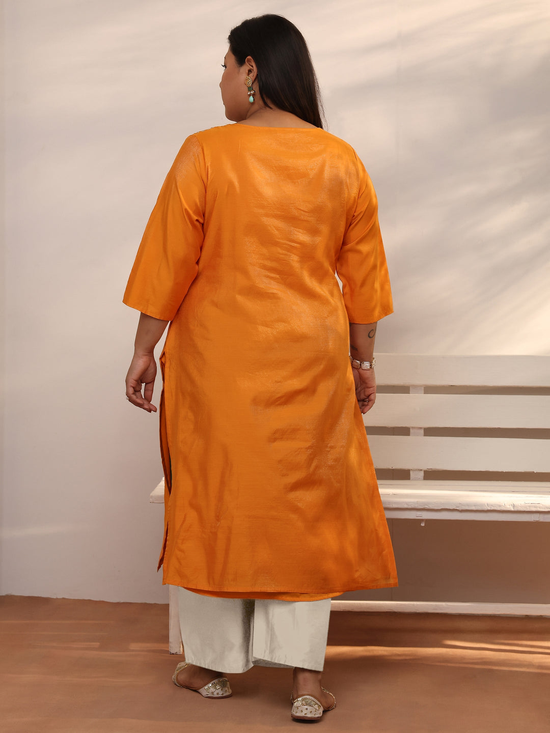 Plus Size Mustard Embroidered Silk Blend Straight Kurta