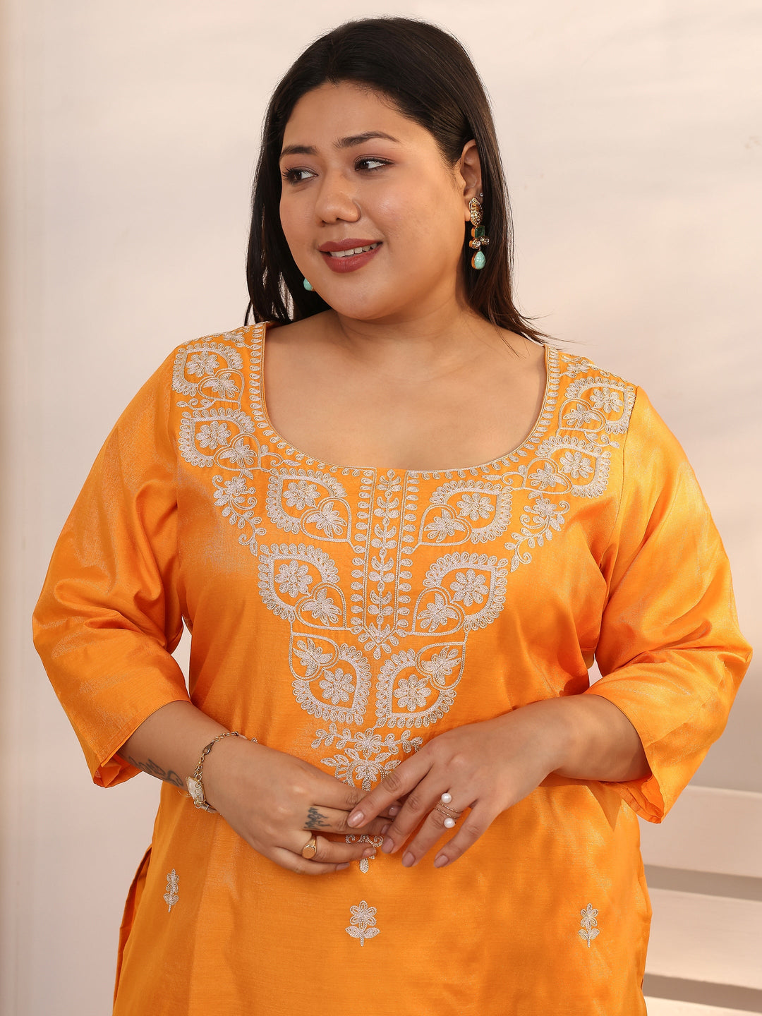 Plus Size Mustard Embroidered Silk Blend Straight Kurta