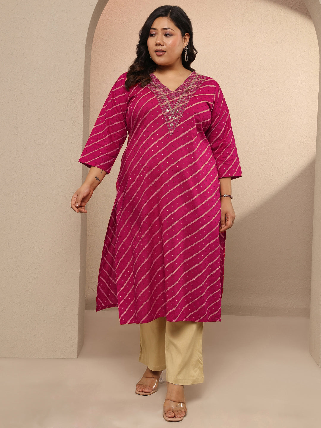 Plus Size Pink Leheriya Printed Cotton Straight Kurta