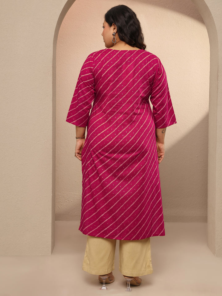 Plus Size Pink Leheriya Printed Cotton Straight Kurta