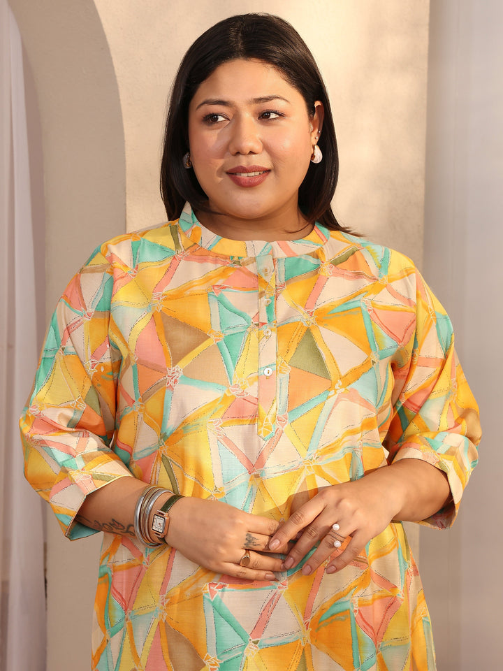 Plus Size Multi Printed Silk Blend Straight Short Kurti