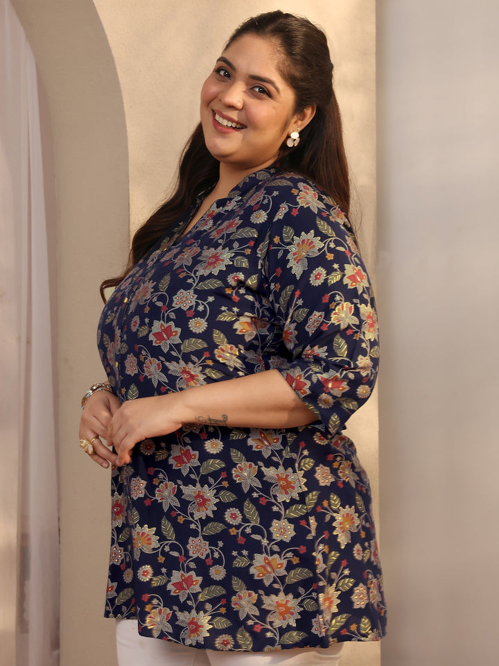 Plus Size Navy Blue Printed Silk Blend Straight Short Kurti