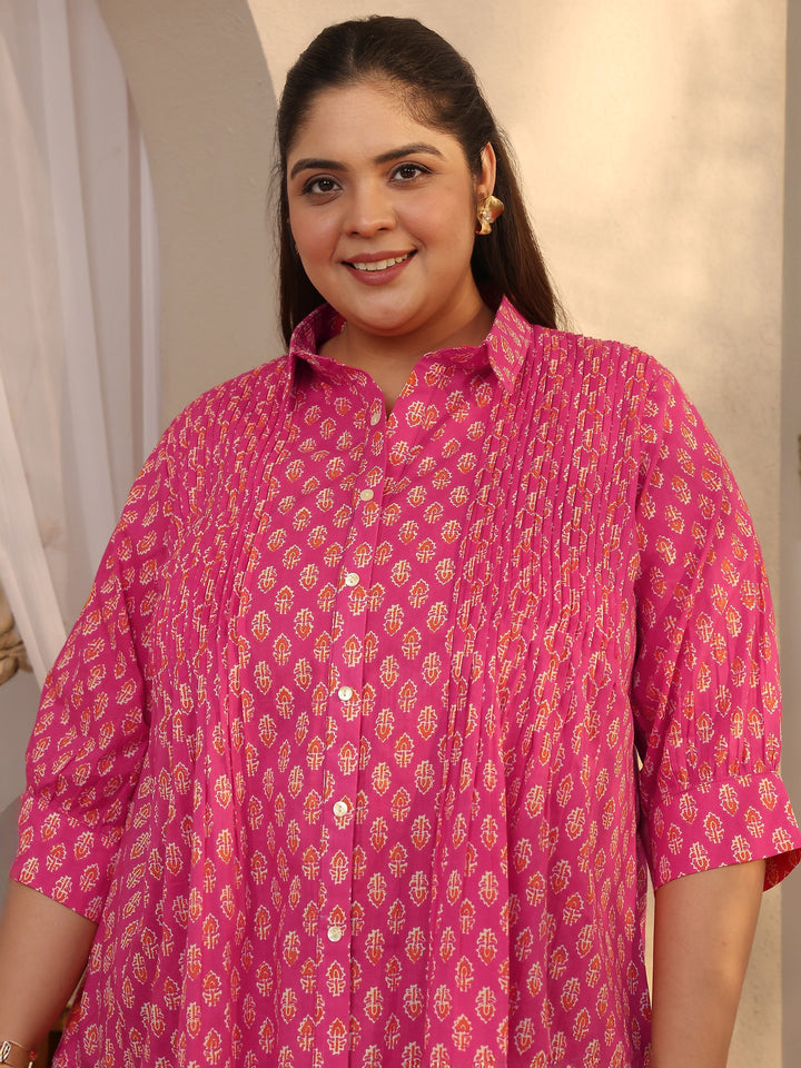 Plus Size Pink Printed Cotton Straight Short Kurti