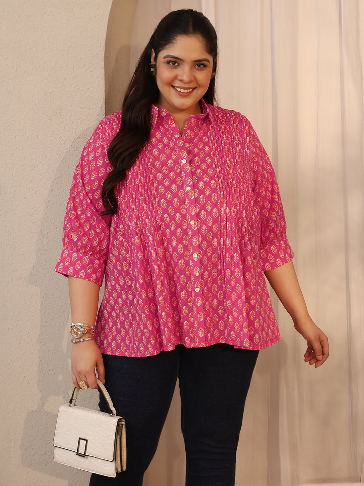 Plus Size Pink Printed Cotton Straight Short Kurti