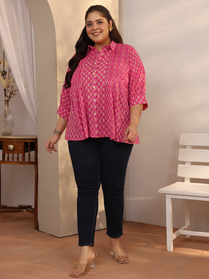 Plus Size Pink Printed Cotton Straight Short Kurti