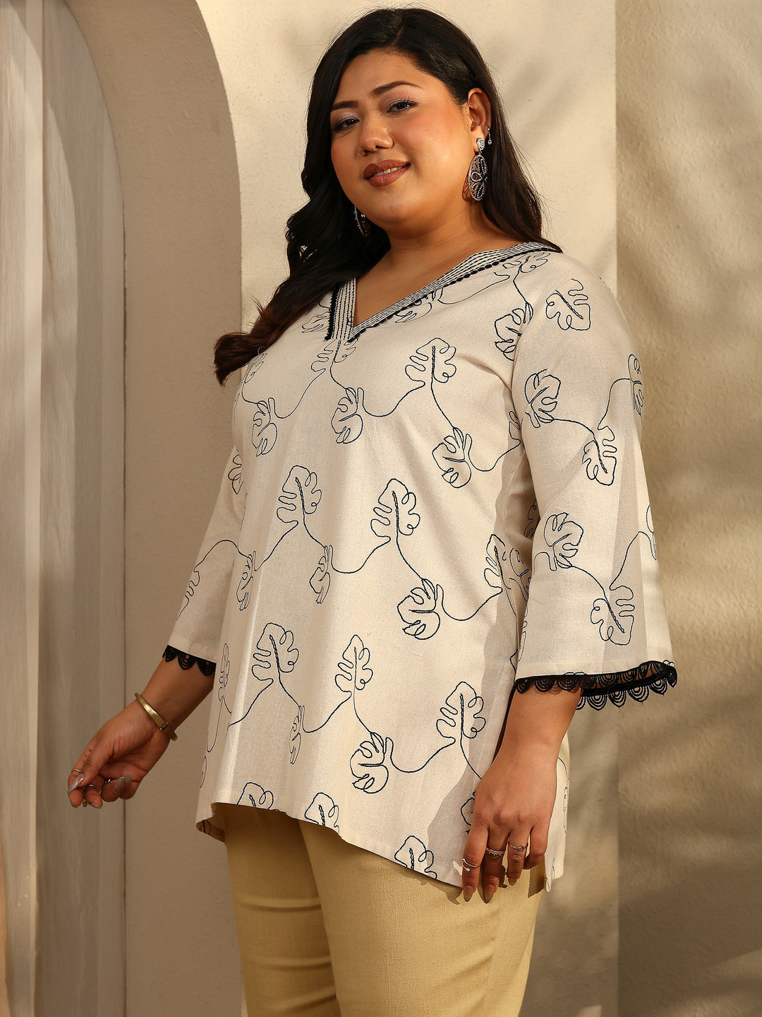 Plus Size Off White Printed Silk Blend Straight Short Kurti