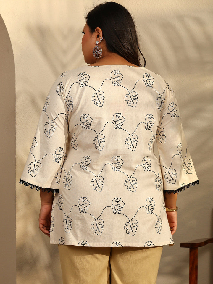 Plus Size Off White Printed Silk Blend Straight Short Kurti