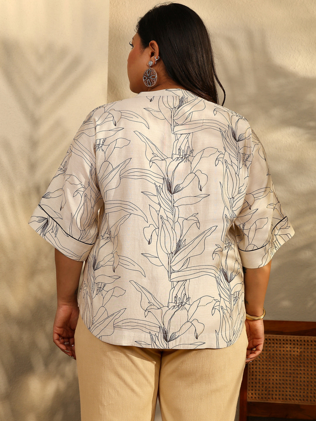 Plus Size Off White Printed Cotton Straight Short Kurti