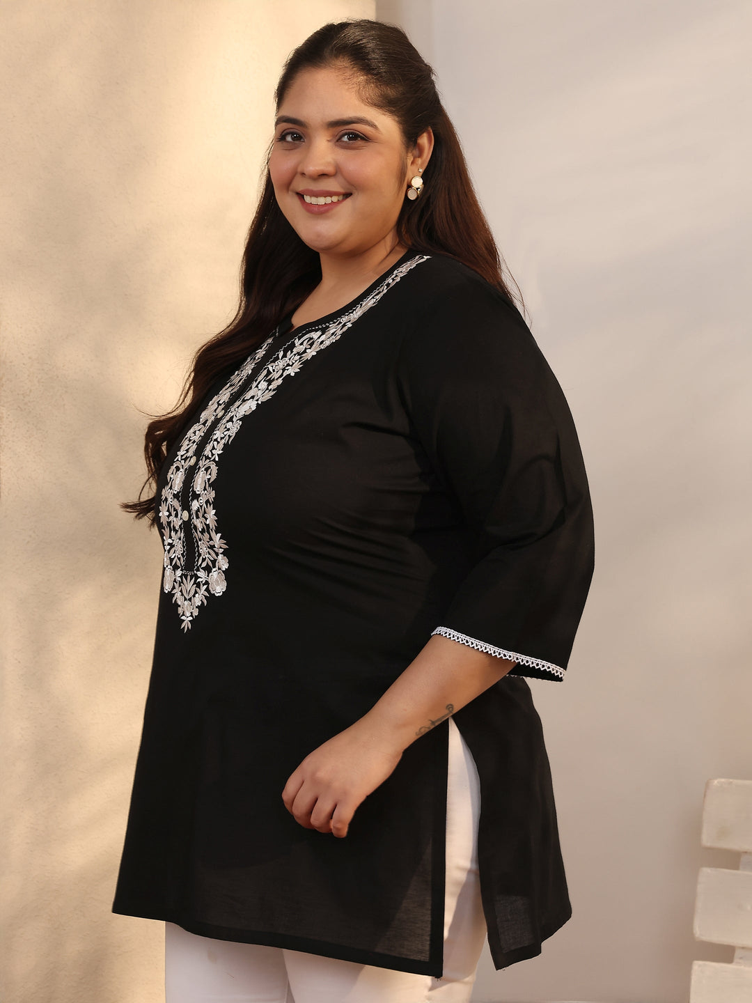 Plus Size Black Yoke Design Cotton Straight Short Kurti