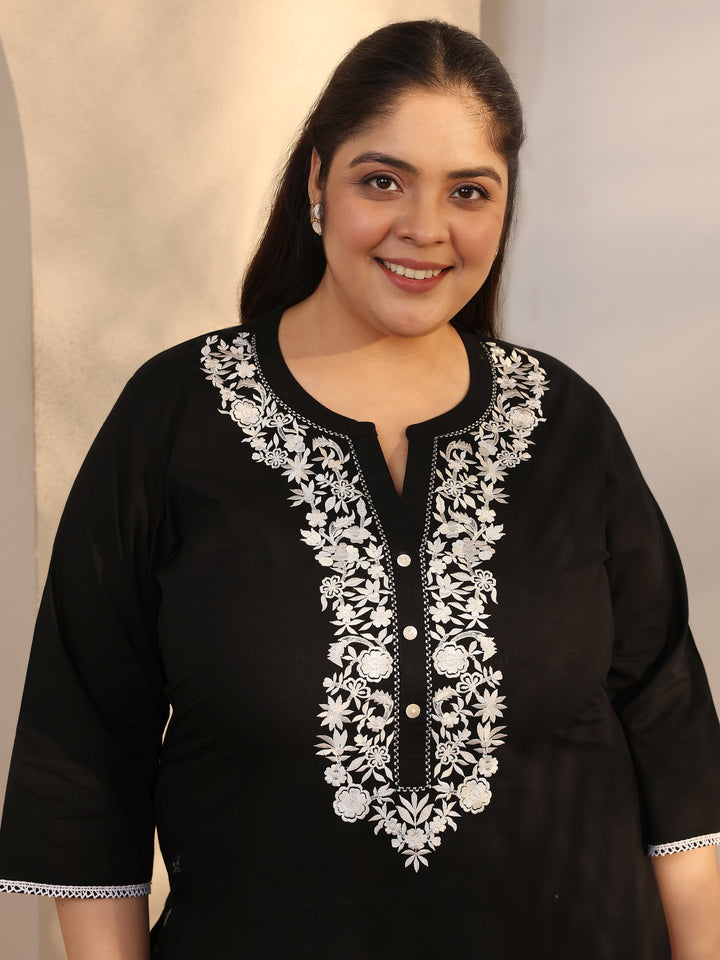 Plus Size Black Yoke Design Cotton Straight Short Kurti