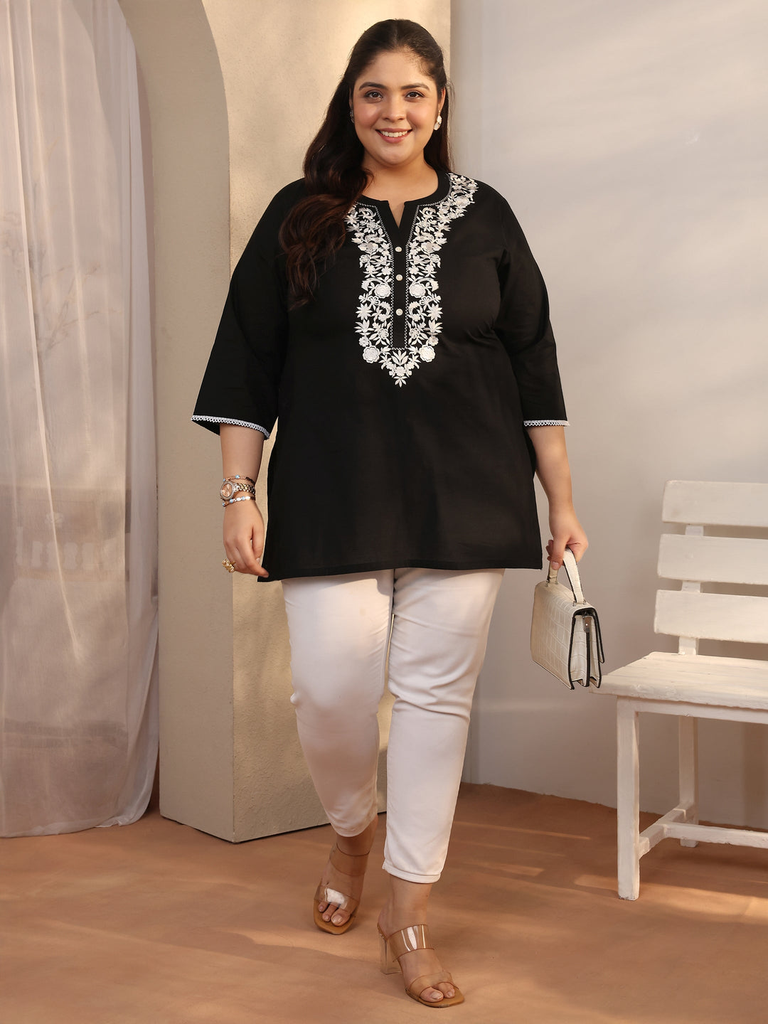 Plus Size Black Yoke Design Cotton Straight Short Kurti