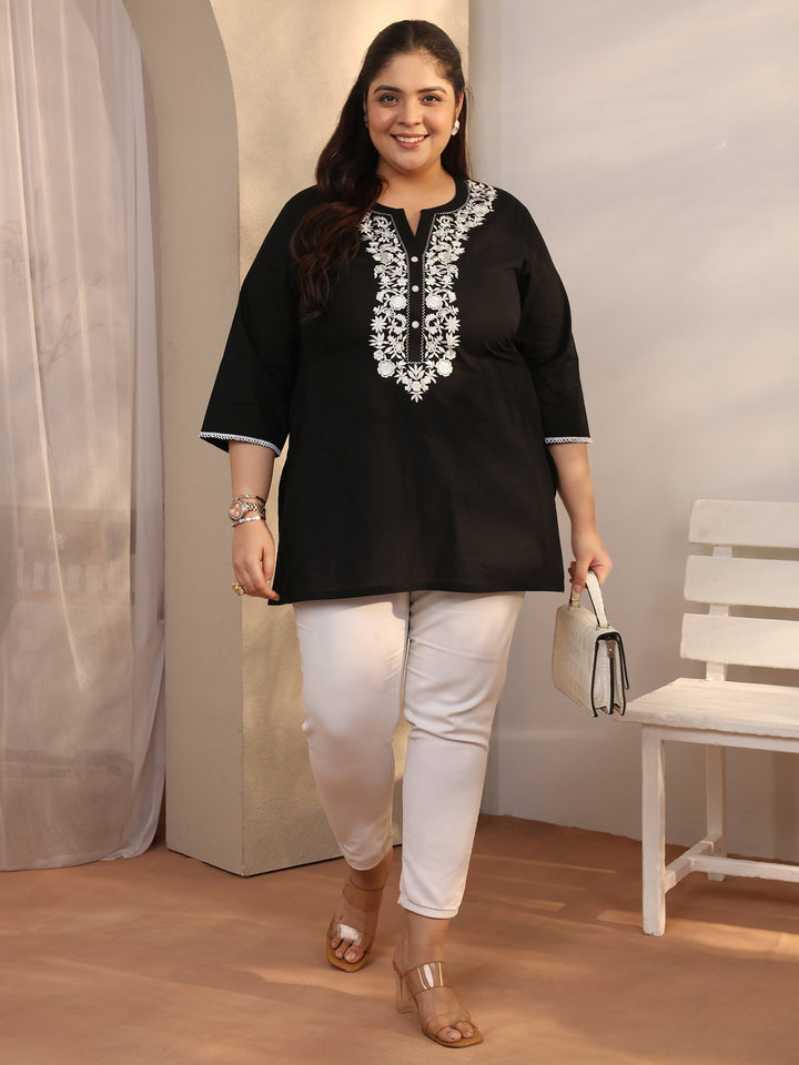 Plus Size Black Yoke Design Cotton Straight Short Kurti