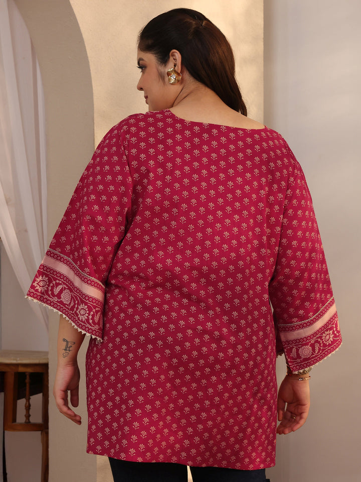 Plus Size Red Printed Cotton A-Line Short Kurti