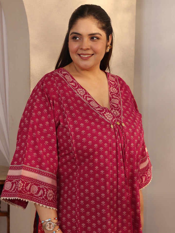 Plus Size Red Printed Cotton A-Line Short Kurti