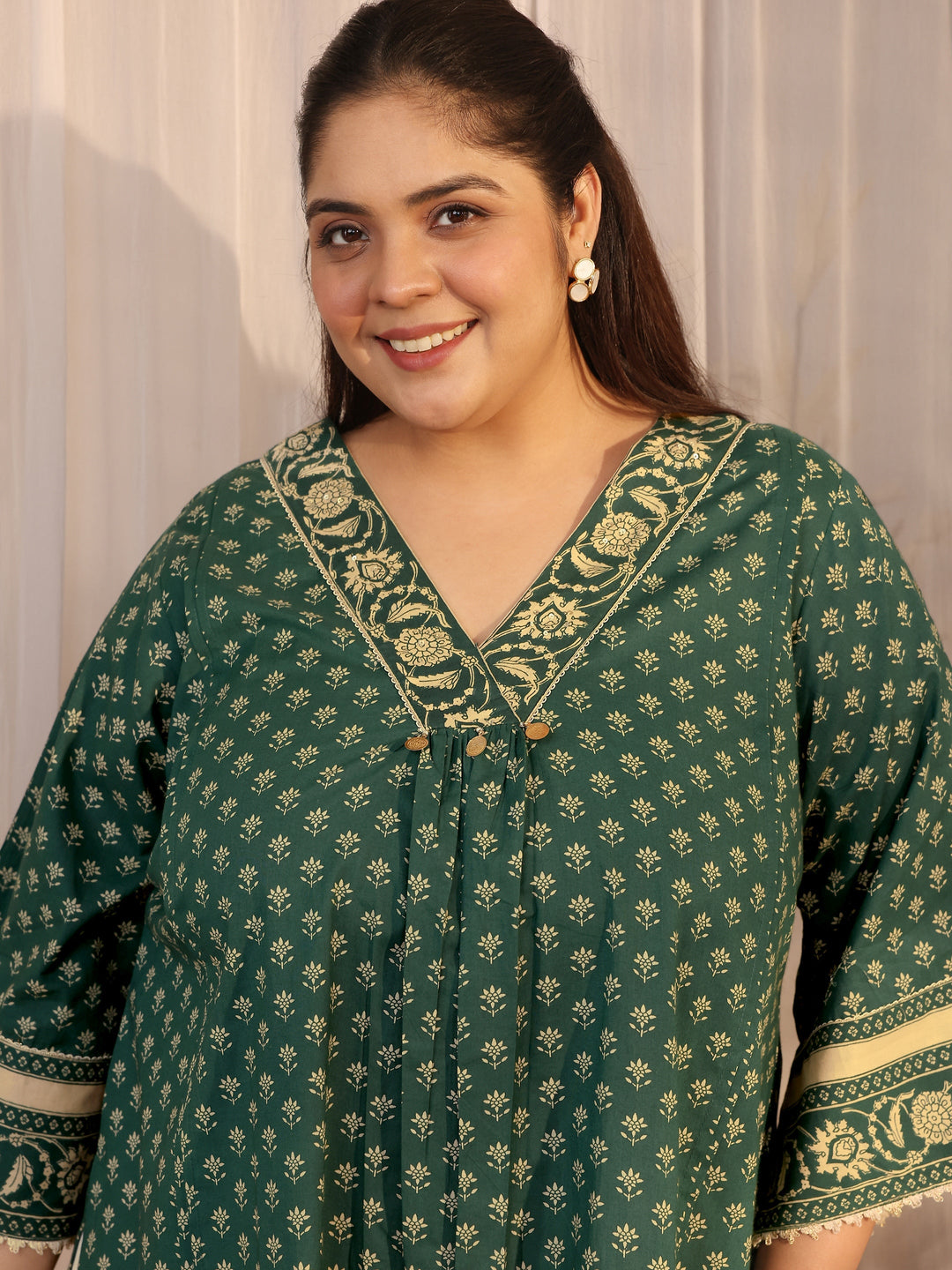 Plus Size Green Printed Cotton A-Line Short Kurti