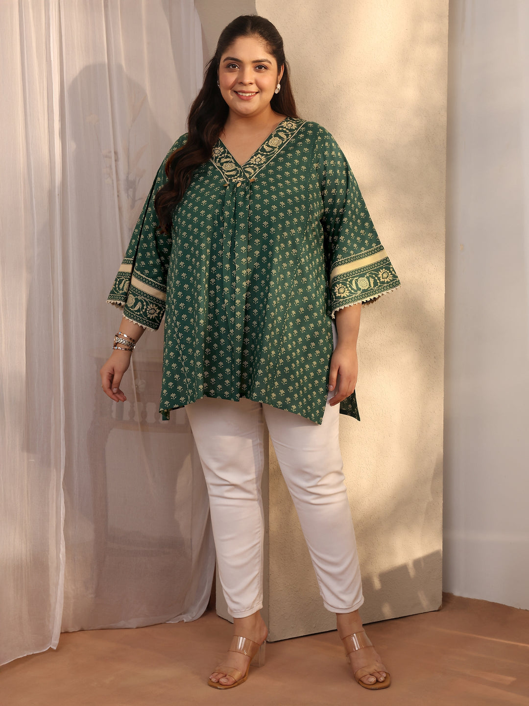 Plus Size Green Printed Cotton A-Line Short Kurti