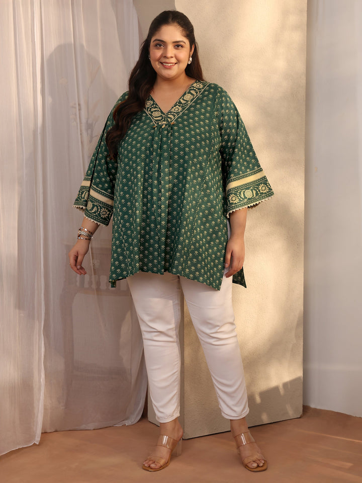 Plus Size Green Printed Cotton A-Line Short Kurti