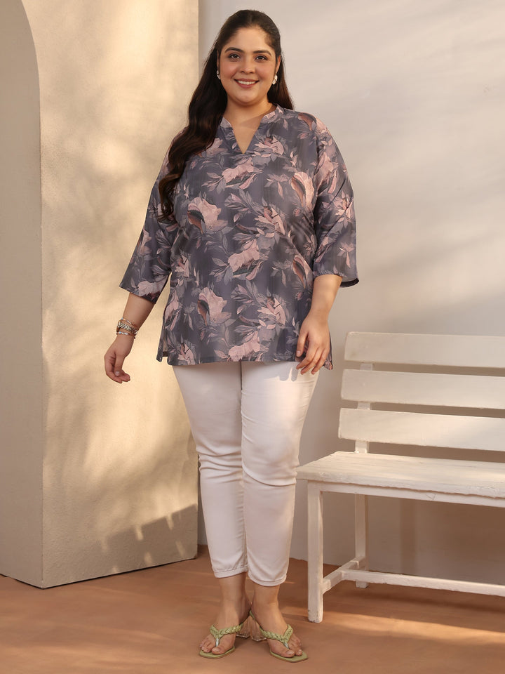 Plus Size Mauve Printed Cotton Blend Straight Short Kurti