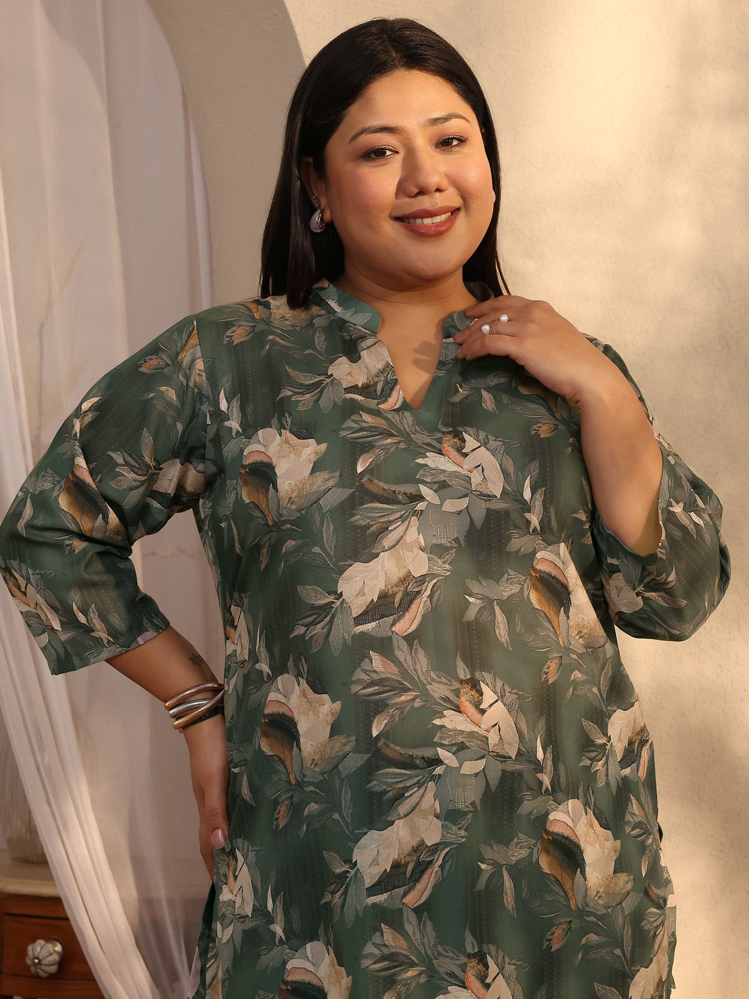 Plus Size Green Printed Cotton Blend Straight Short Kurti