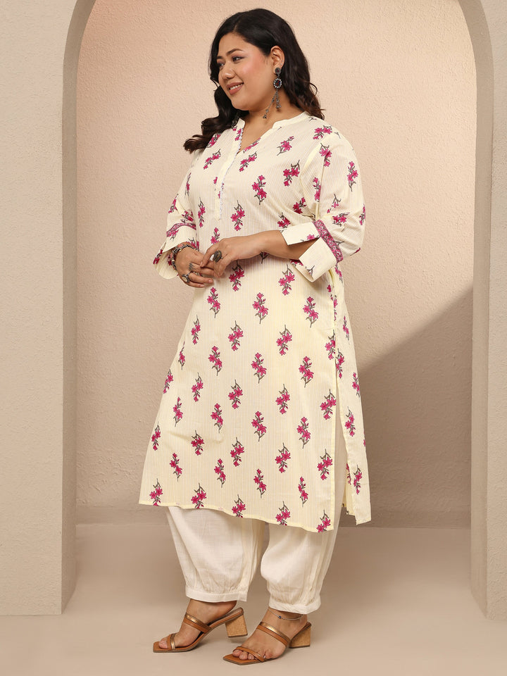 Plus Size Off White Printed Cotton Straight Kurta
