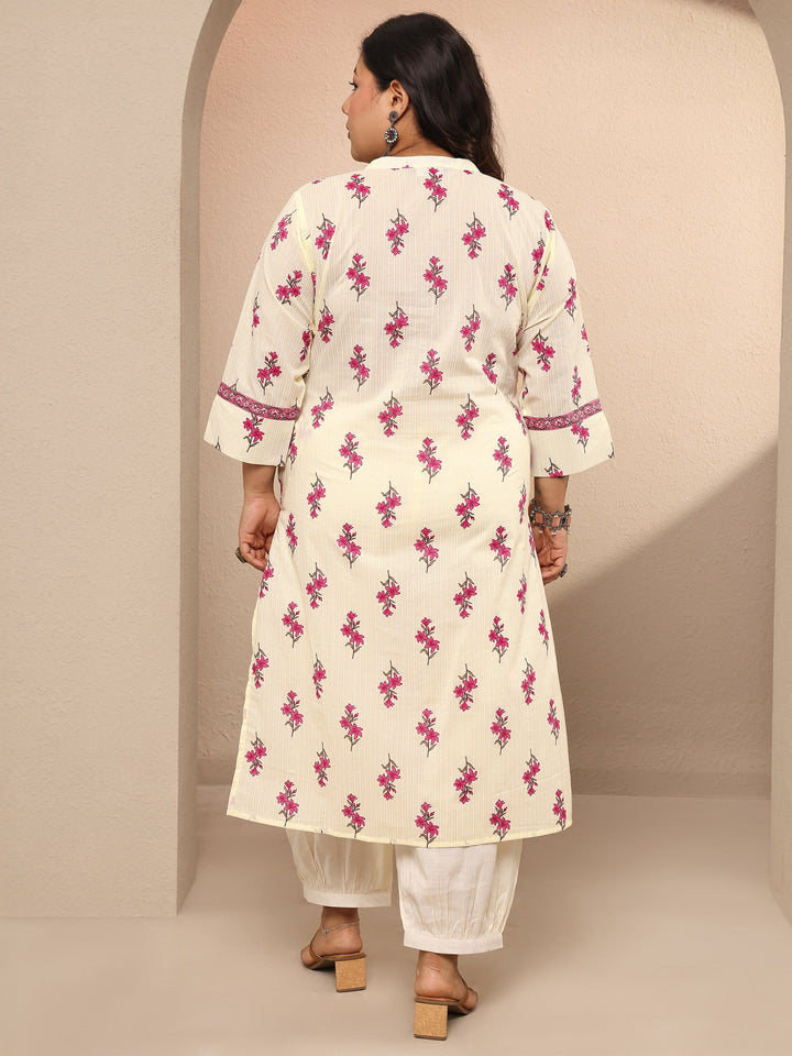 Plus Size Off White Printed Cotton Straight Kurta