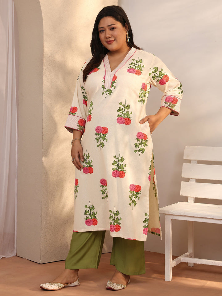 Plus Size Off White Printed Cotton Straight Kurta