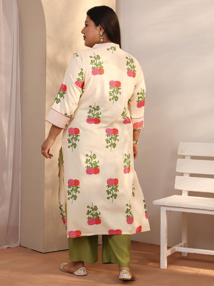 Plus Size Off White Printed Cotton Straight Kurta