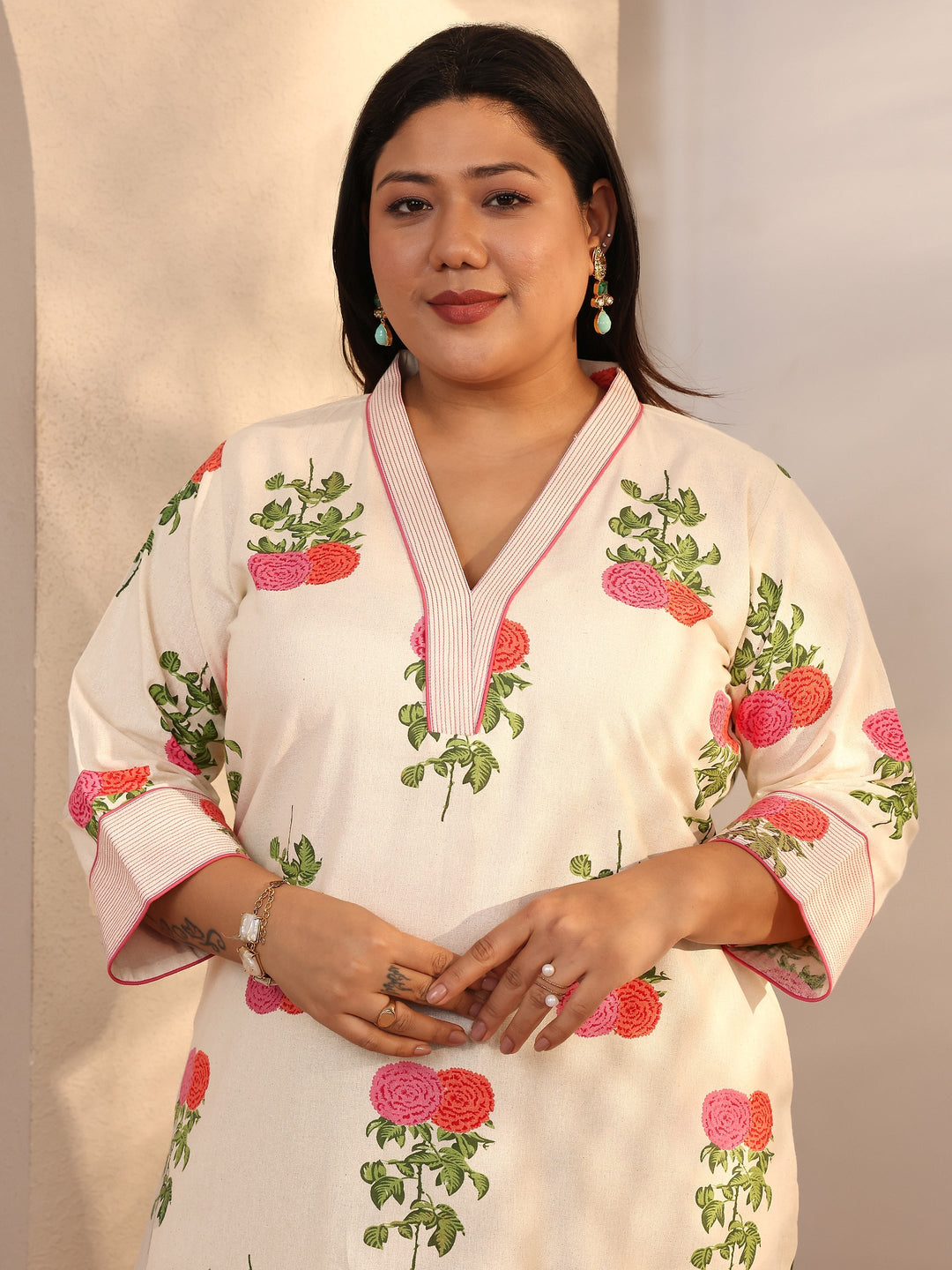 Plus Size Off White Printed Cotton Straight Kurta