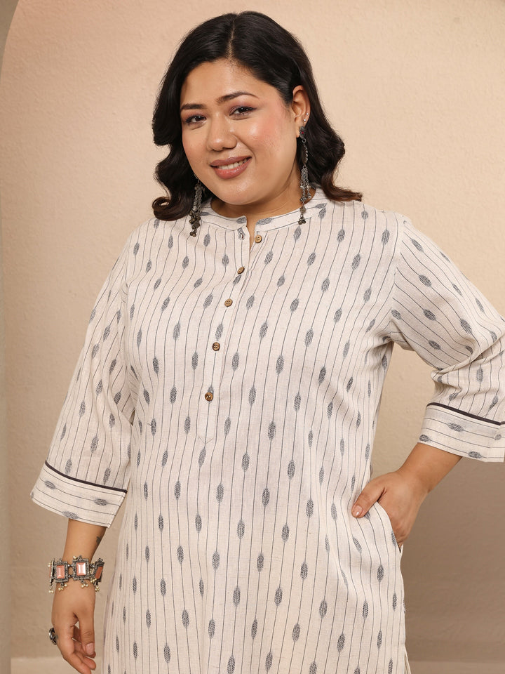 Plus Size Off White Striped Cotton Blend Straight Kurta