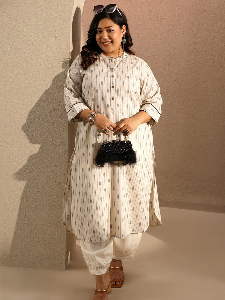 Plus Size Off White Striped Cotton Blend Straight Kurta