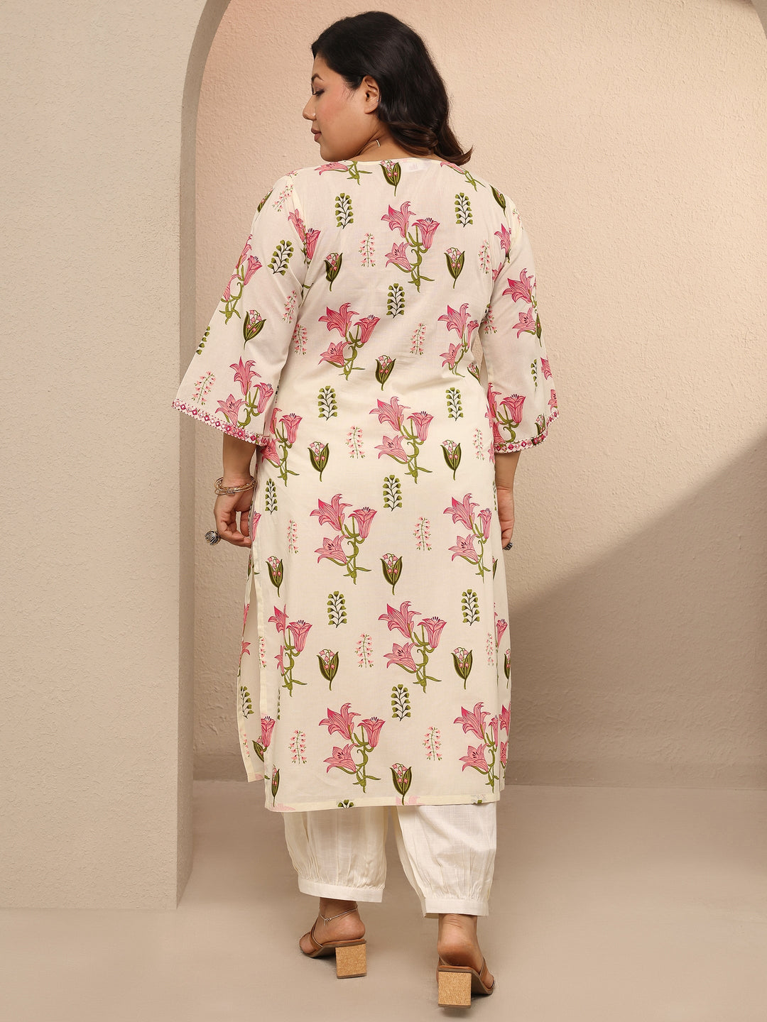 Plus Size Off White Printed Cotton Straight Kurta