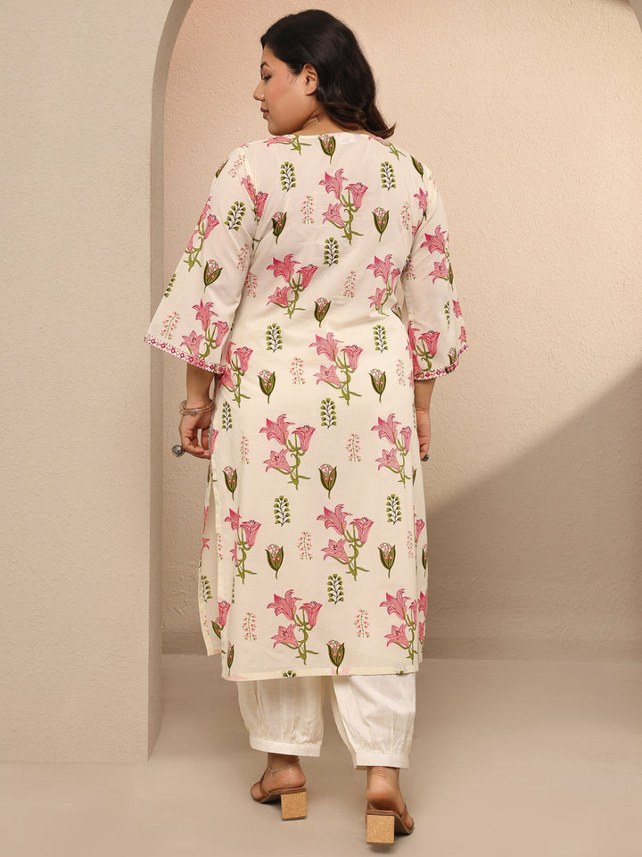 Plus Size Off White Printed Cotton Straight Kurta