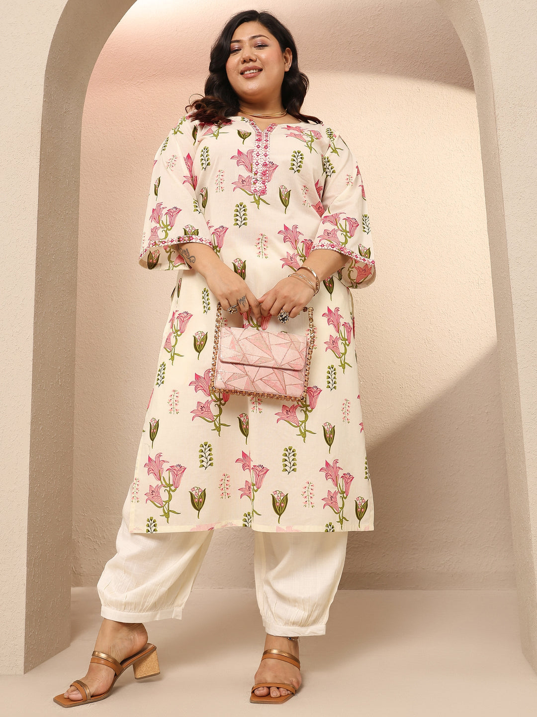 Plus Size Off White Printed Cotton Straight Kurta