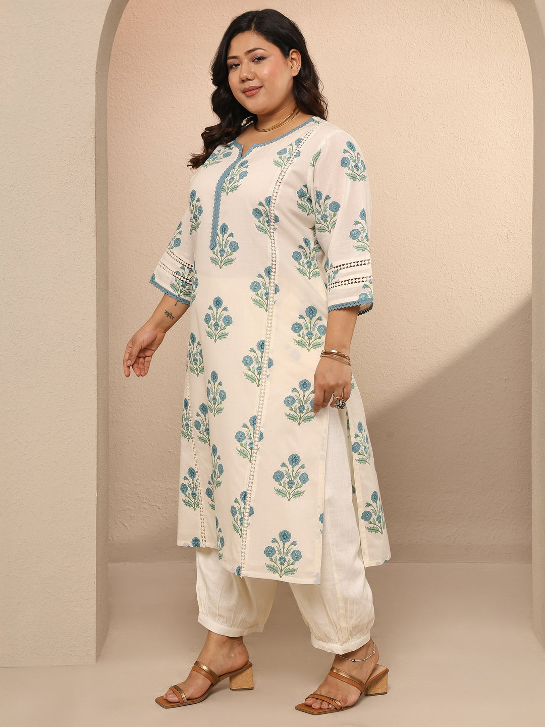 Plus Size Off White Printed Cotton Straight Kurta