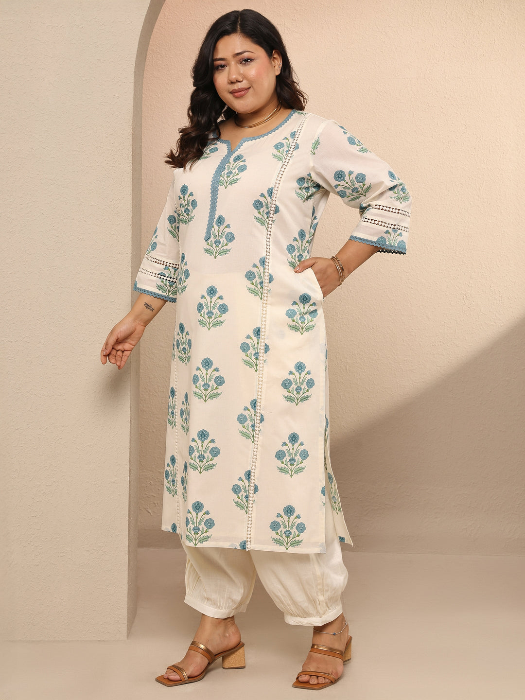 Plus Size Off White Printed Cotton Straight Kurta