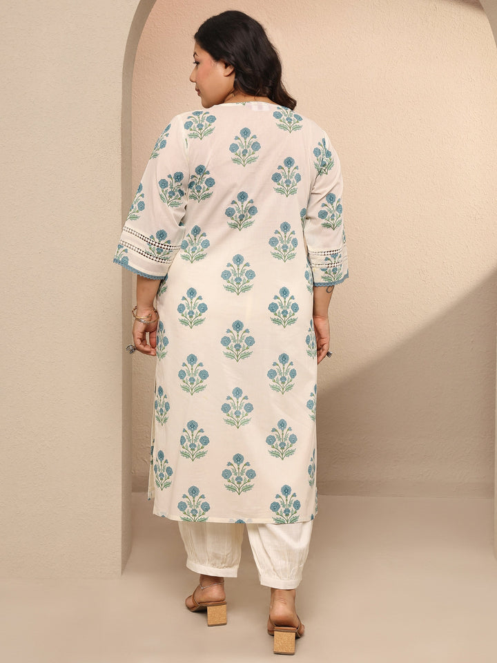 Plus Size Off White Printed Cotton Straight Kurta